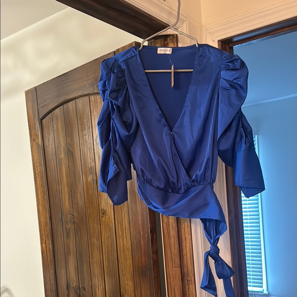 Vestique Blue Wrap Blouse with Ruffled 3/4 Sleeves